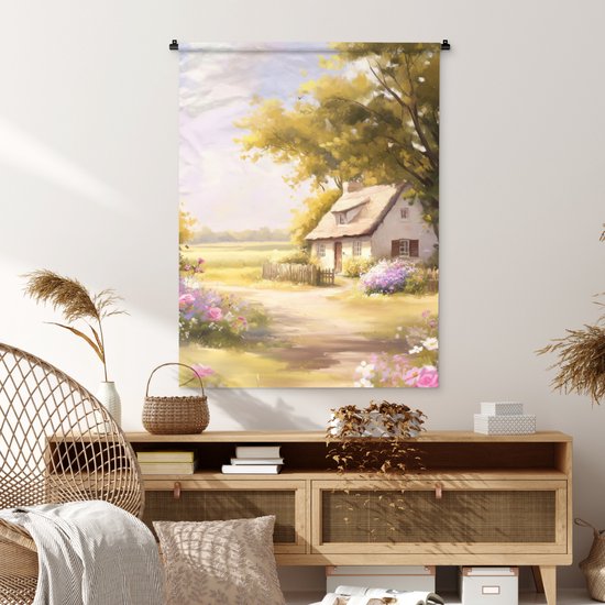 Tapisserie murale 90x120 cm - Tenture murale Maison - Bois - Fleurs - Tapisserie - Tapisseries