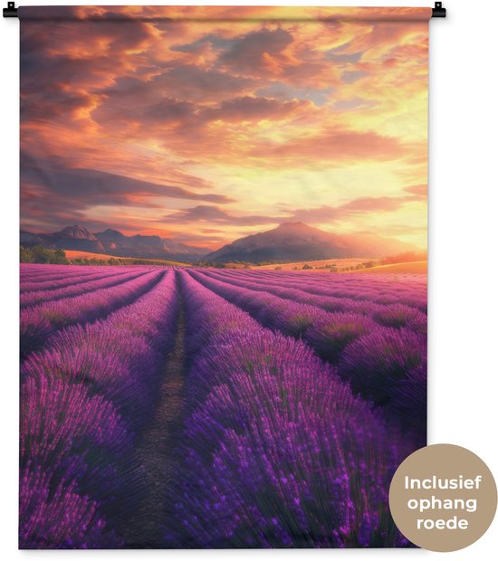 Wandkleed 90x120 cm - Wanddoek Lavendelveld - Zonsondergang - Paars - Wandtapijt - Wandkleden