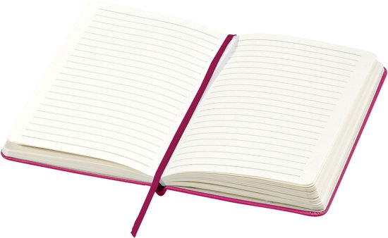 Open roze notitieboek met bladwijzer.