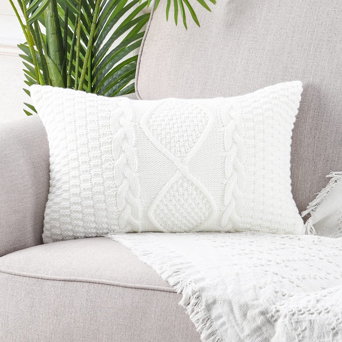 My Ninki ® Stijlvolle Moderne Witte Gebreide Katoenen Kussenhoes voor Decoratieve Opties in Woonkamer en Slaapkamer 30x50 cm