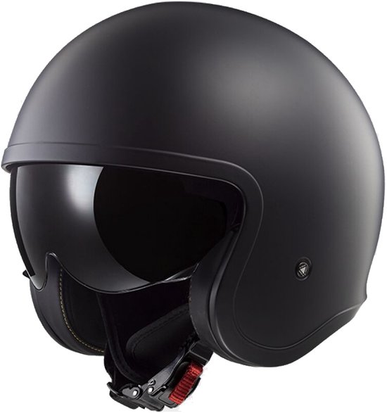 Casque jet LS2 noir mat avec visière teintée foncée vers l'avant.