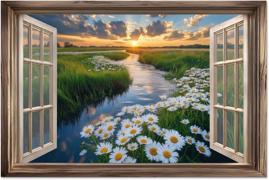 Een open raam met uitzicht op een zonsondergang boven een veld met madeliefjes en een kreek.