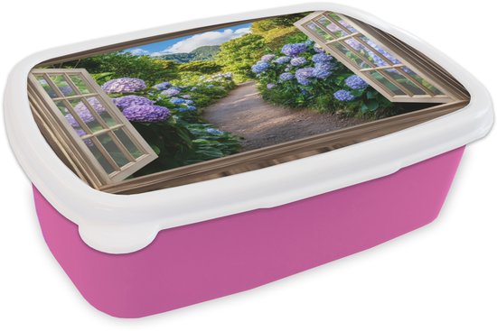 Broodtrommel Roze - Lunchbox Doorkijk - Hortensia - Pad - Natuur - Brooddoos 18x12x6 cm - Brood lunch box - Broodtrommels voor kinderen en volwassenen