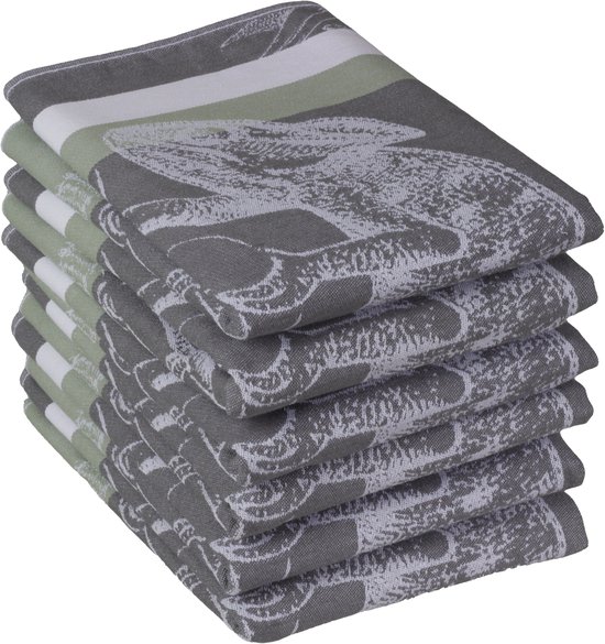 Pile de six torchons gris foncé avec un imprimé de palmiers et d'un éléphant, avec des rayures vertes et blanches.