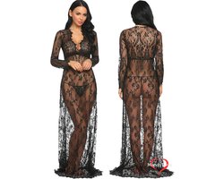 Verleidelijke transparante zwart kanten maxi jurk met lange mouwen – Sexy lingerie jurk nachtkleding - Cover-up jurk - Strandjurk - Sexy kleding - Transparent white lace maxi dress with long sleevesDeze betoverende zwarte lange jurk gemaakt