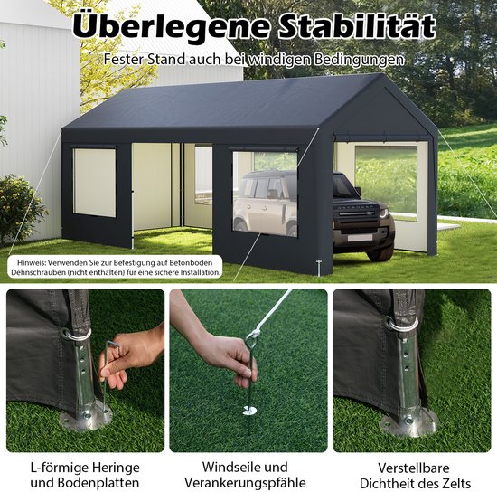 COSTWAY Carport Tentgarage, 595 x 300 cm, garagetent met 8 afneembare zijwanden, roldeuren en geventileerde ramen, weidetent, opslagtent, garageoverkapping voor auto, SUV, vrachtwagen, boot van Merkloos — afbeelding 4