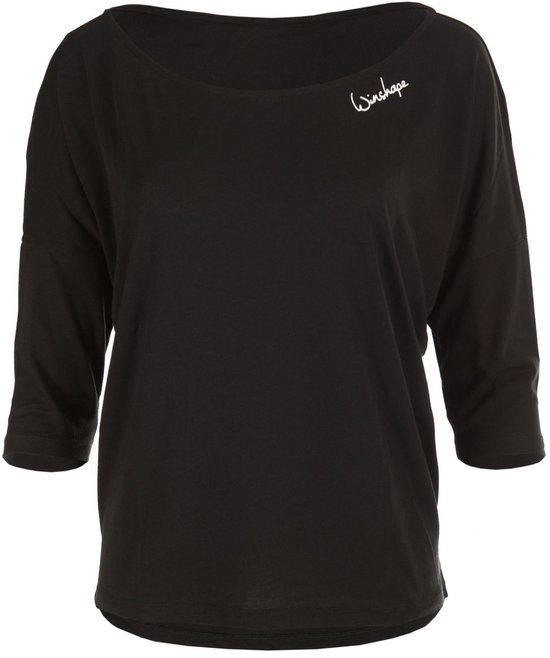Zwart shirt met driekwart mouwen en wijde halslijn met 'Winshape' logo.