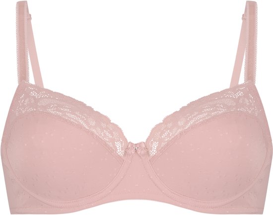 Roze beugelbeha met subtiele polkadot textuur en kanten randen aan de bovenkant van de cups.