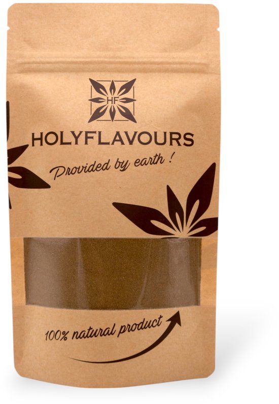 Bruine papieren verpakking van HolyFlavours met een venster, gevuld met poeder. 100% natuurlijk product.