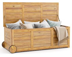COSTWAY Houten tuinbox, opbergdoos met wieltjes, opbergdoos met waterdichte 2-in-1 afdekking en handvat, kussenbox, tuinkist voor tuin, balkon, 127 x 50 x 45 cm