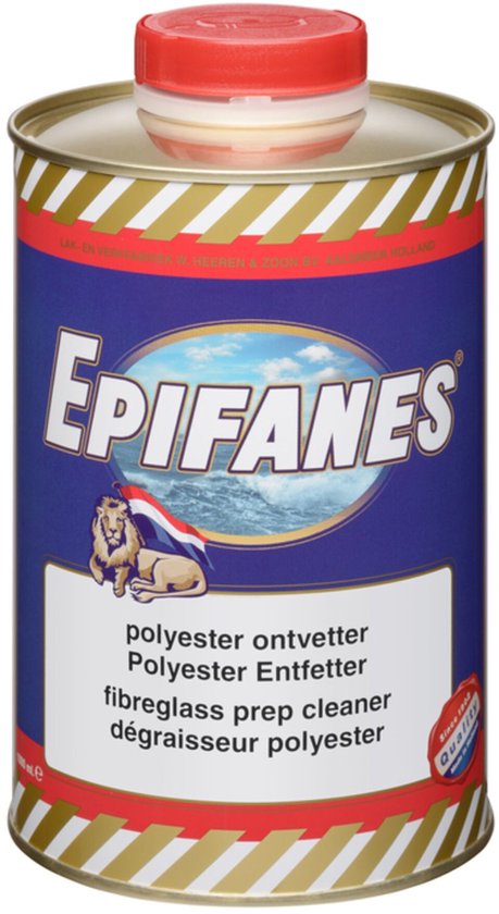 Blik met rode dop. Label met 'Epifanes', leeuw, golven en tekst. Blauwe band met rood-wit-goud gestreepte rand.