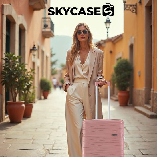 Vrouw met zonnebril en beige outfit, die een roze SKYCASE koffer vasthoudt in een straat met oranje gebouwen.