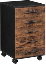 TRANKIELO® - Classeur Vintage à 5 tiroirs - Conteneur roulant - Meuble de bureau en bois - Style industriel - Marron foncé et Zwart