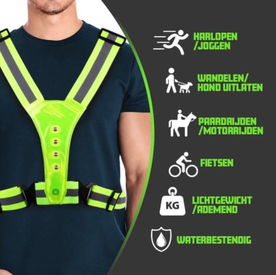 Geel reflecterend hardloopvest met Y-banden, borstband en LED-verlichting. Geschikt voor hardlopen, wandelen en fietsen.