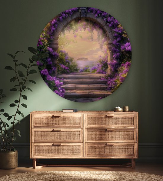 WallCircle® Cercle mural 120x120 cm - Cercle mural Porte - Violet - Fleurs - Décoration murale salon - Décoration murale chambre - Accessoires de décoration de chambre - Tableaux ronds XXL