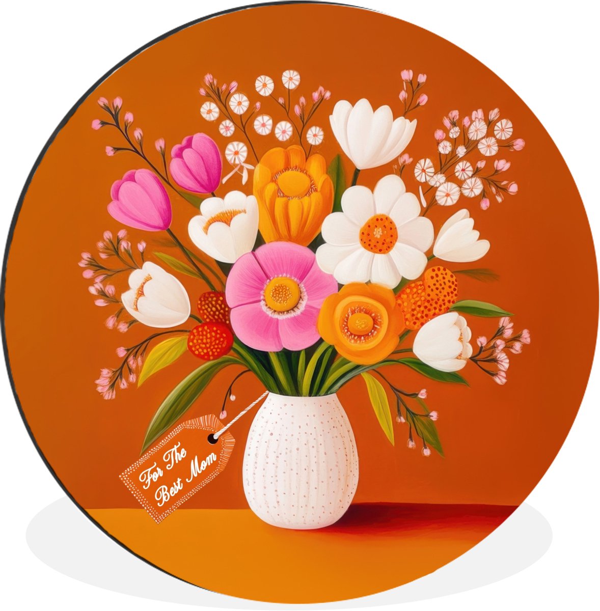 WallCircle Wandcirkel - Muurcirkel - Vaas - Bloemen - Oranje - Aluminium - Dibond - 140x140 cm - Binnen en Buiten Boeket - Kaartje
