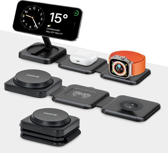 Inklapbare 3-in-1 Draadloze Oplader met Telefoon Standaard - Geschikt voor Qi2.0 & MagSafe - Oplaadstation geschikt voor iPhone, Apple Watch en AirPods - Zwart