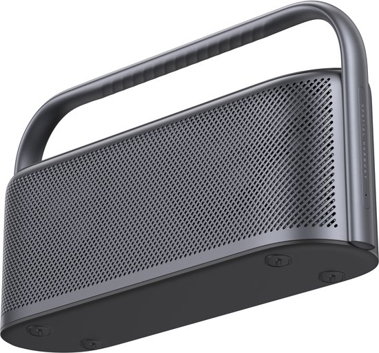 Zwarte Soundcore Motion X600 Bluetooth speaker, gezien vanaf de onderkant. De speaker heeft vier kleine voetjes en een metalen handvat aan de bovenkant.