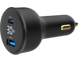 Autolader 2-poorts USB-auto snellader usb c en usb a - LCD scherm - 30 W - sigarettenaansteker usb oplader - snellader - zwart