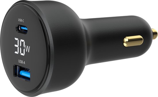 Autolader 2-poorts USB-auto snellader usb c en usb a - LCD scherm - 30 W - sigarettenaansteker usb oplader - snellader - zwart