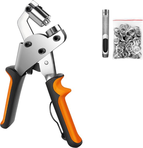 Zilverkleurige grommettang met oranje handvatten, naast een bakje met 500 zilveren ringen en een perforator.