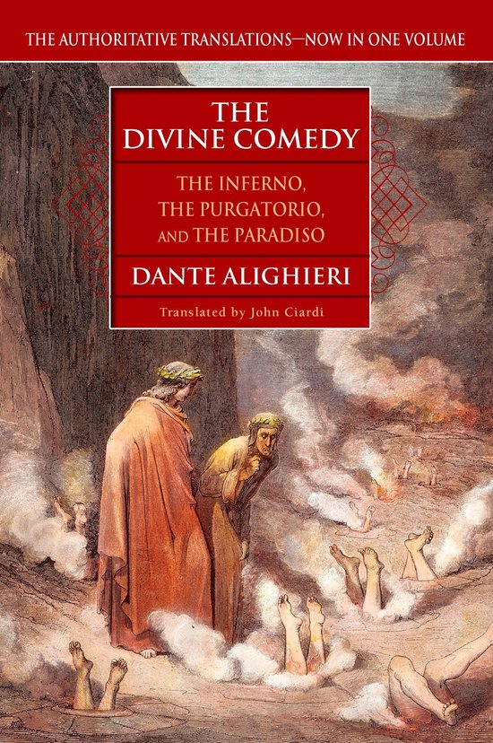 Couverture du livre 'The Divine Comedy' montrant deux hommes en toge et tunique regardant une scène de flammes et de pieds, avec le titre et l'auteur bien en évidence.