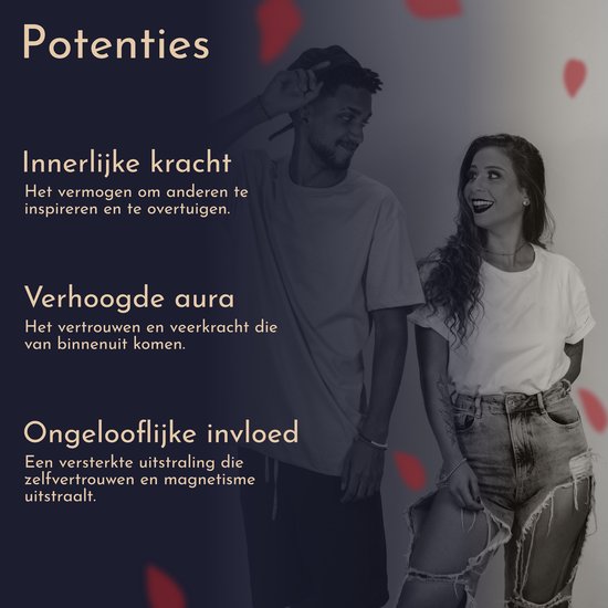 Man en vrouw tonen innerlijke kracht, verhoogde aura en ongelooflijke invloed. Tekst "Potenties".
