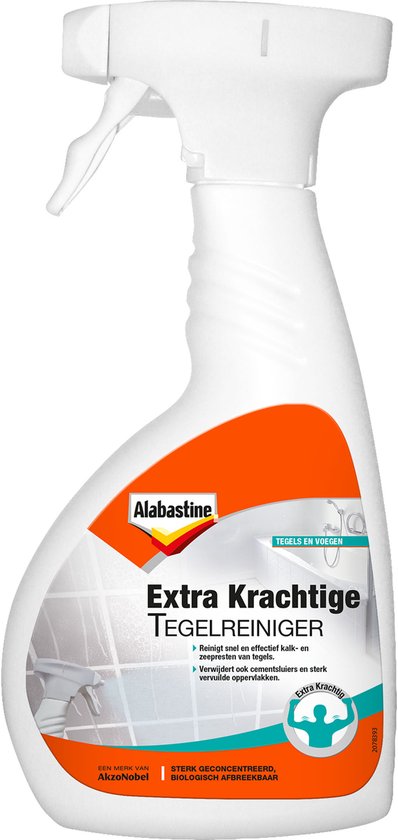 Alabastine Extra Krachtige Tegelreiniger met spuitfles, met oranje en witte etikettering.