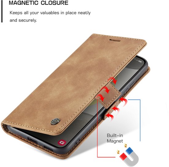 Bruin telefoonhoesje open met magneet sluiting en interne magneten.