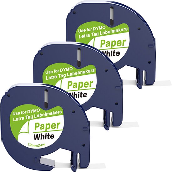 Boxstuff - Dymo LetraTag 91200 - S0721510 - Label Tape - Zwart op Wit Papier - 12 mm x 4 m - 3 Stuks