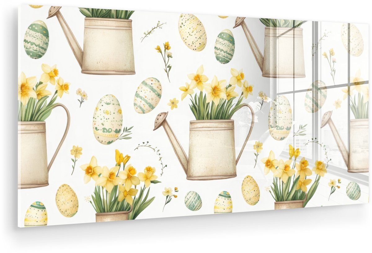 MuchoWow® Glasschilderij 40x20 cm - Schilderij acrylglas - Gieter - Bloemen - Eieren - Fot