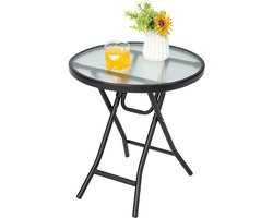 COSTWAY Bijzettafel inklapbaar, kleine klaptafel, weerbestendige tuintafel, ronde balkontafel met tafelblad van gehard glas voor balkon, tuin, terras, 46 x 46 x 47 cm