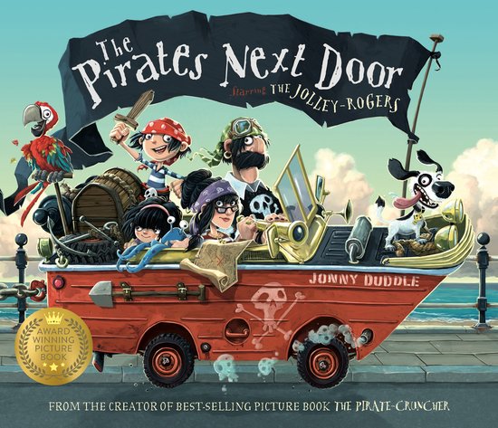 Boek 'The Pirates Next Door' met piratenfamilie in een oranje amfibievoertuig.