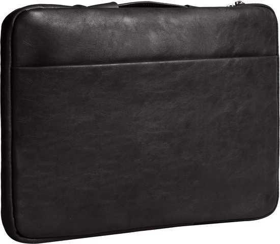 Zwarte laptoptas met gladde voorkant, horizontale naad, handvat en ritssluiting.