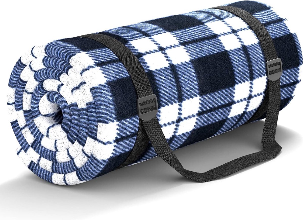 JGS ® Picknickdeken, 200 x 200 cm, waterdicht, zandvrij, outdoor, wasbaar, XXL, picknickdeken, opvouwbare strandmat met schouderriem, ideaal voor strand, park, blauw-wit rooster