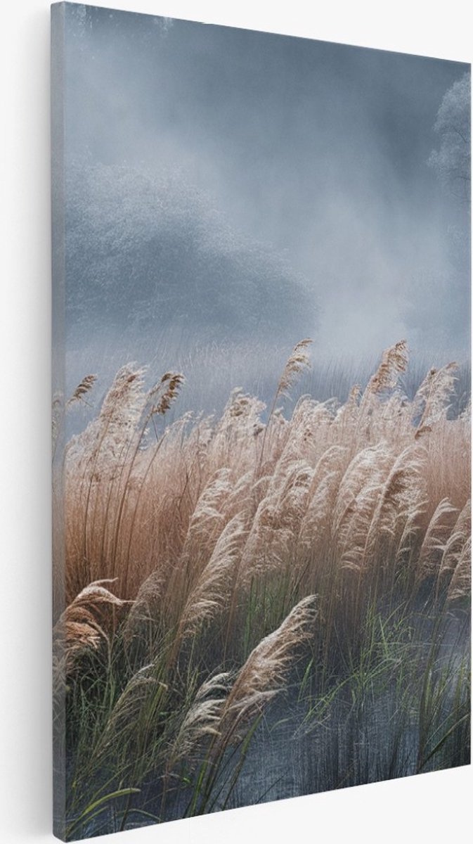Saammp Canvas Schilderij - Hoog gras in de mist - Zonsondergang - Landschap - Natuur - 30x45 - Foto op canvas - Wanddecoratie - Muurdecoratie Woonkamer - Slaapkamer decoratie - Canvas Print Multicolor