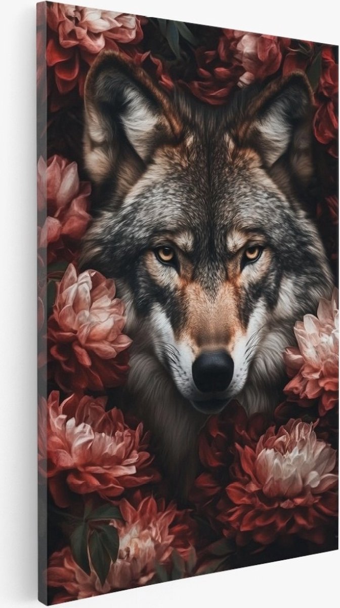 Saammp Canvas Schilderij - Wolf tussen de rode bloemen - Dieren - Natuur - 40x60 - Foto op canvas - Wanddecoratie - Muurdecoratie Woonkamer - Slaapkamer decoratie - Canvas Print Multicolor