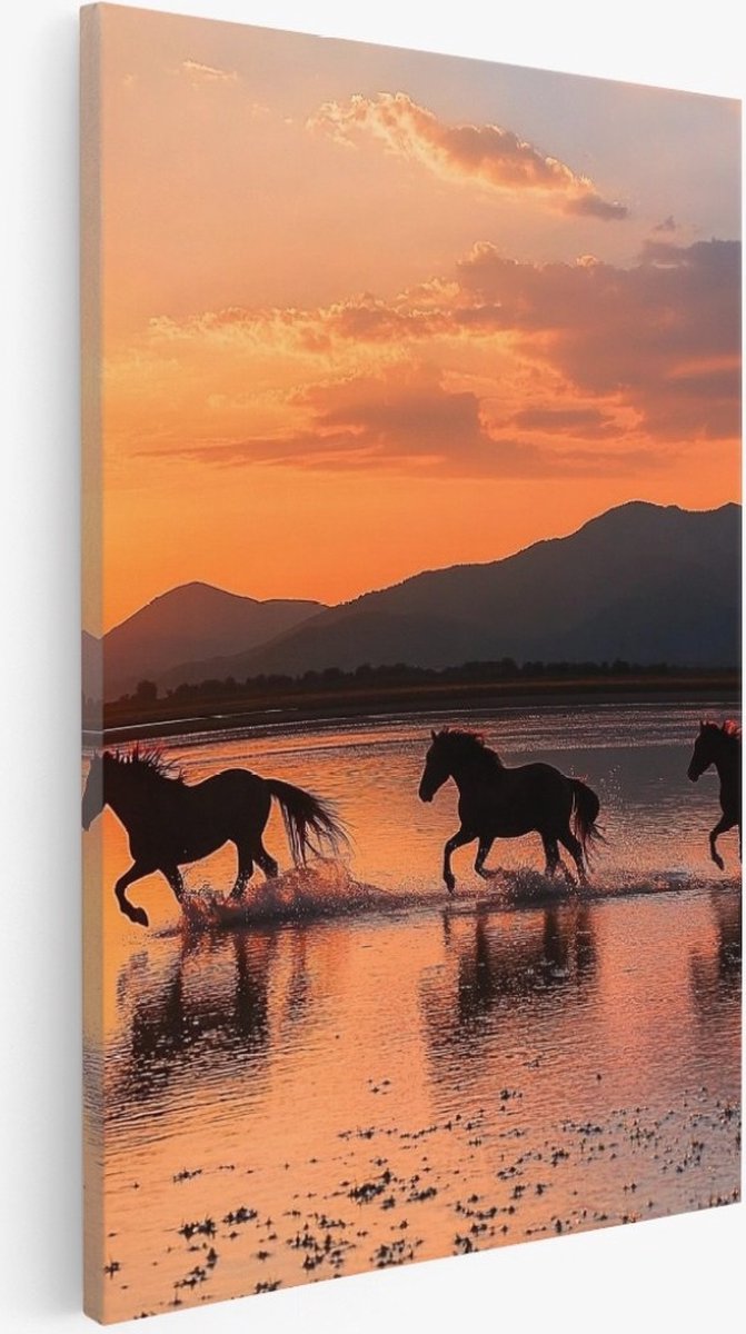 Saammp Canvas Schilderij - Paarden in galop door het water - Natuur - Dieren - 60x90 - Foto op canvas - Wanddecoratie - Muurdecoratie Woonkamer - Slaapkamer decoratie - Canvas Print Multicolor
