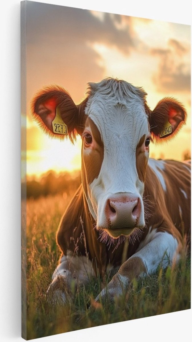 Saammp Canvas Schilderij - Koe in nederlandse zonsondergang - Dieren - Natuur - 50x70 - Foto op canvas - Wanddecoratie - Muurdecoratie Woonkamer - Slaapkamer decoratie - Canvas Print Multicolor