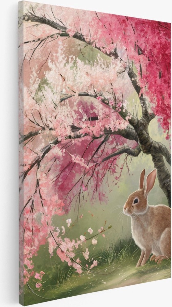Saammp Canvas Schilderij - Konijn onder roze boom - Natuur - Abstract - 40x50 - Foto op canvas - Wanddecoratie - Muurdecoratie Woonkamer - Slaapkamer decoratie - Canvas Print Multicolor