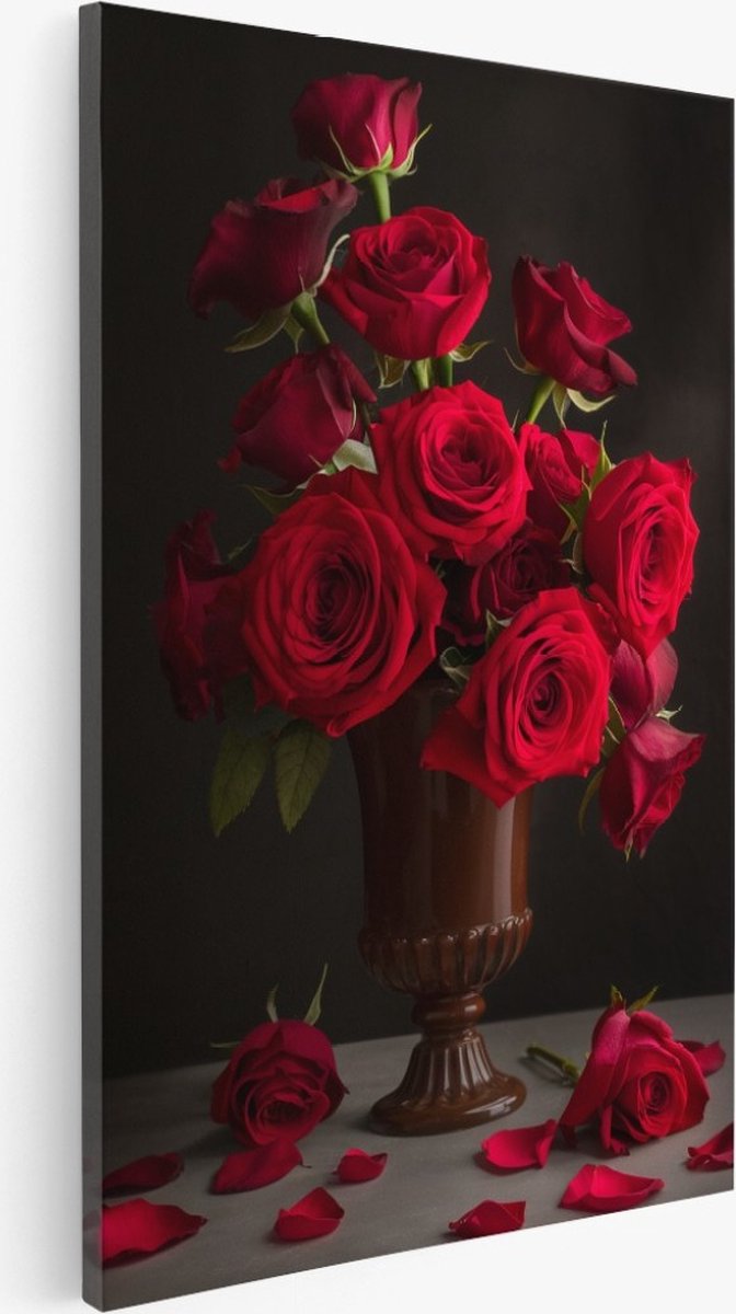 Saammp Canvas Schilderij - Rode Rozen in Klassieke vaas - bloemen - Natuur - 40x50 - Foto op canvas - Wanddecoratie - Muurdecoratie Woonkamer - Kantoor Decoratie Multicolor