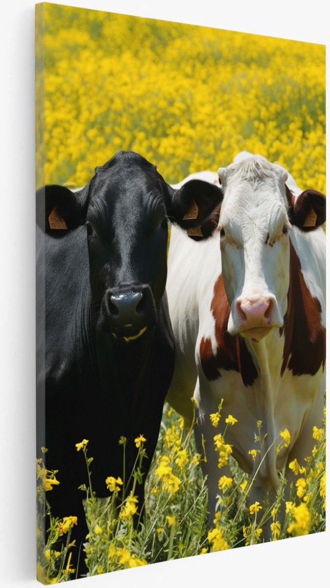 Saammp Canvas Schilderij - Koeien tussen de bloemen - Nederland - Dieren - 80x120 - Foto op canvas - Wanddecoratie - Muurdecoratie Woonkamer - Slaapkamer decoratie - Canvas Print Multicolor