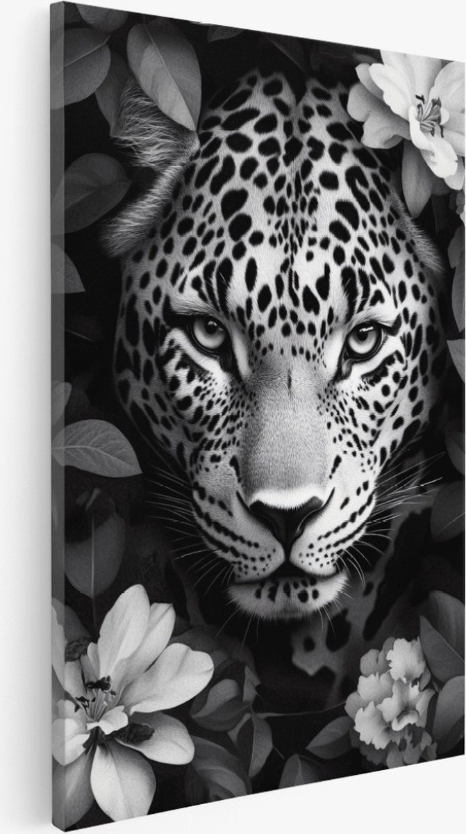 Saammp Canvas Schilderij - panter tussen de bloemen - Dieren - Natuur - 80x120 - Foto op canvas - Wanddecoratie - Muurdecoratie Woonkamer - Slaapkamer decoratie - Canvas Print Multicolor