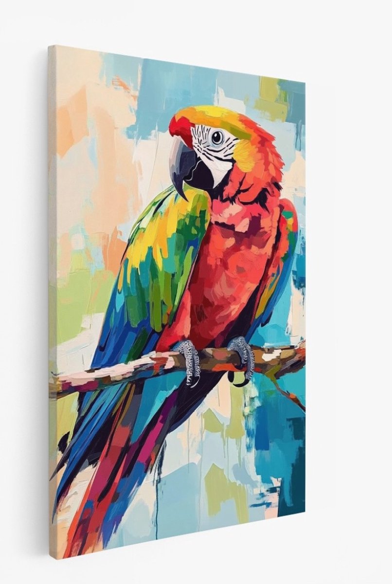 Saammp Canvas Schilderij - Abstracte Papegaai op tak - Natuur - Dieren - 20x30 - Foto op canvas - Wanddecoratie - Muurdecoratie Woonkamer - Slaapkamer decoratie - Canvas Print Multicolor