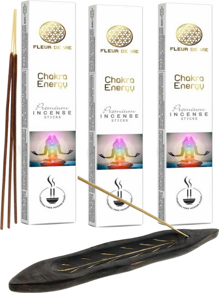 Fleur de Vie Premium Wierookstokjes - 3 x 16 gram - Chakra Energy - Inclusief Houten Wierook Houder Bruin