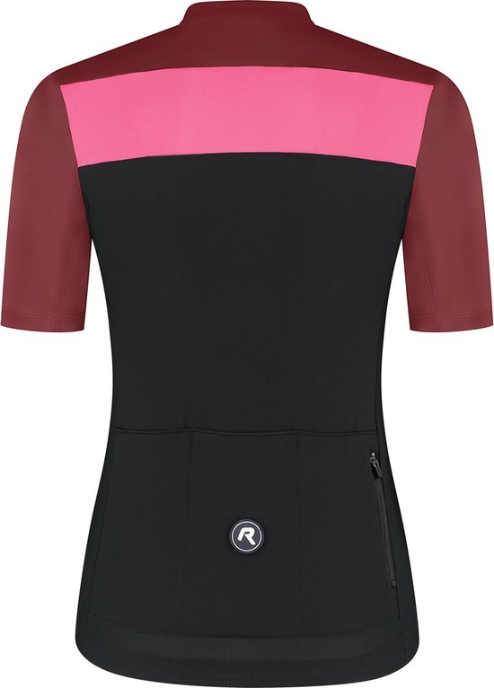 Dames fietsshirt met korte mouwen in zwart met bordeaux en roze vlakken. Ritssluiting en achterzakken.