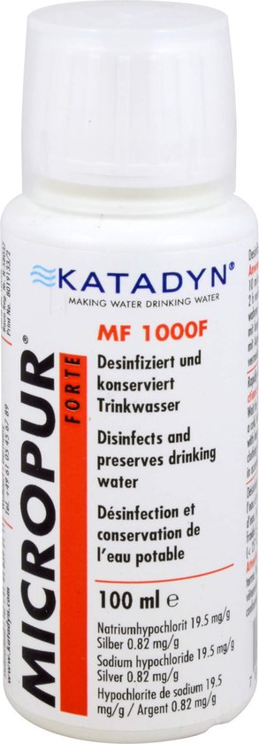 Katadyn Micropur Forte MF 1000F flesje met witte dop en label met rode en blauwe tekst. Bevat 100ml.