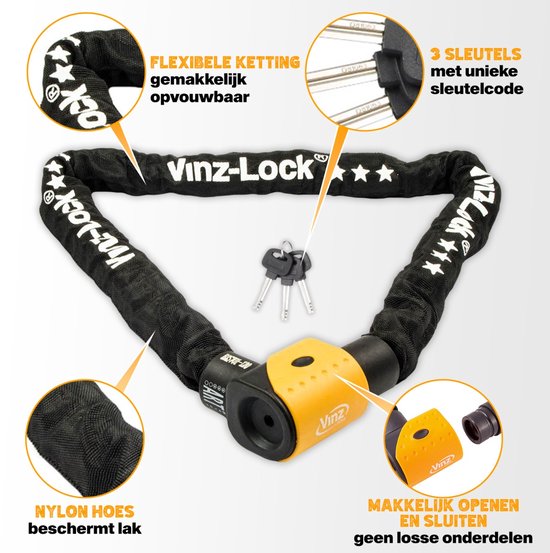 Zwarte kettingslot van Vinz-Lock met oranje slotkop, 3 sleutels, flexibele ketting en duurzame nylon hoes.