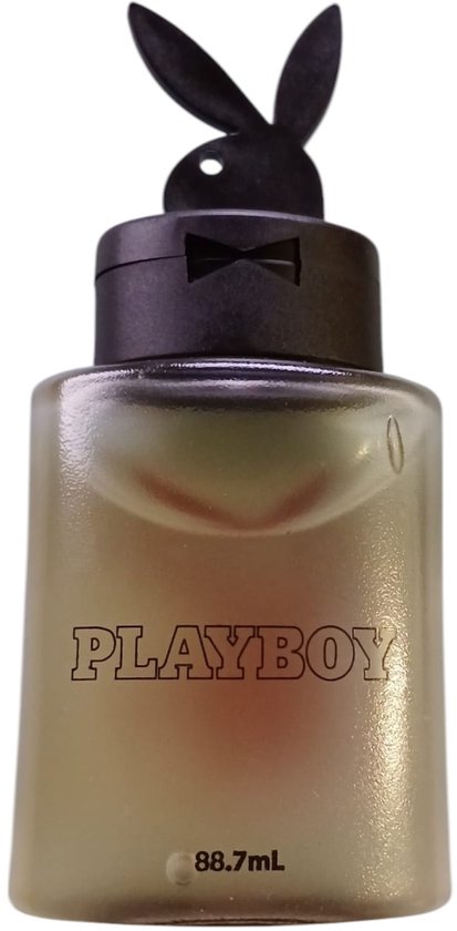 Transparante Playboy fles met zwarte konijnenoren dop, 88.7ml.