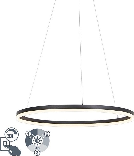 QAZQA anello - Design Dimbare LED Hanglamp eettafel met Dimmer voor boven de eettafel | in eetkamer - 1 lichts - Ø 80 cm - Zwart - Woonkamer | Slaapkamer | Keuken